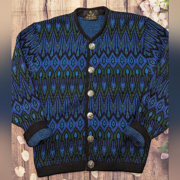 Vintage Norvyk by Ren-Dale Men L Wool Ski Nordic Cardigan Sweater Fair Isle